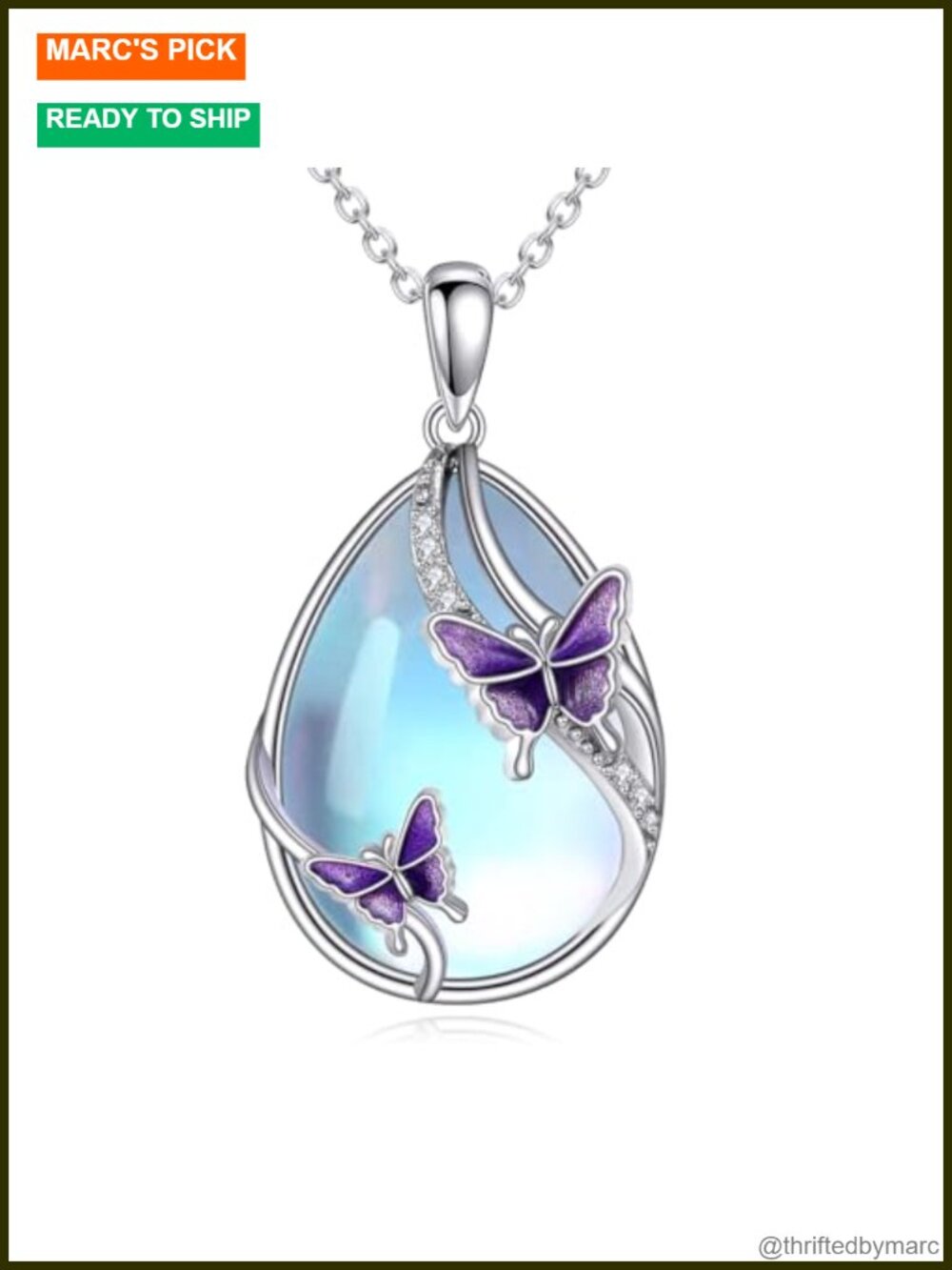 Sterling Silver Moonstone Butterfly Pendant Necklace, Cubic Zirconia, 18-20